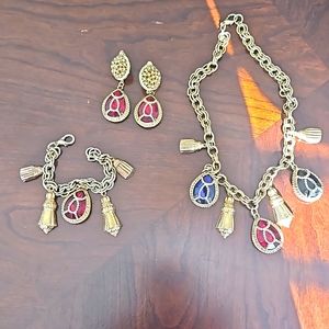 Vintage fancy blue, black and red necklace, earrings, and bracelets